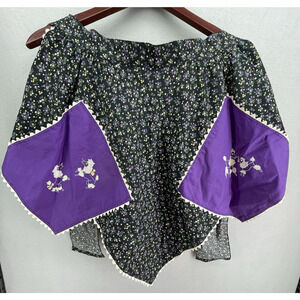 VTG Hand Sewn Black Half Apron Floral Poodle Womens Kitchen White Trim Cottageco